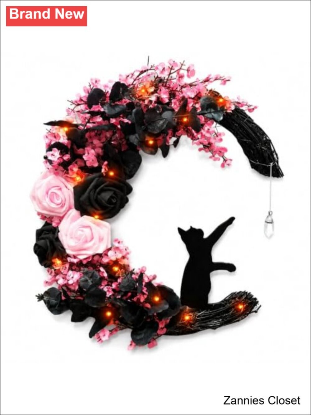 👻 Handmade Grapevine Moon Cat Halloween Wreath Front Door Decor with Lights